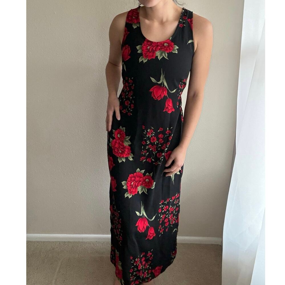 Vintage 90s Black Red Floral Maxi Dress wedding guest summer floral whimsygoth
